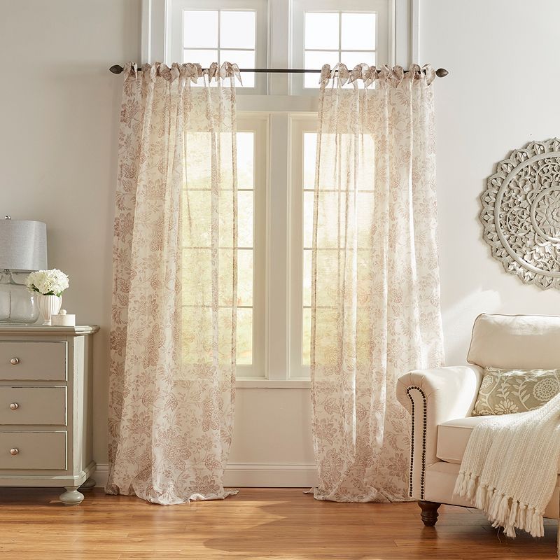 Flax Tie-Top Sheer Voile Curtains with Floral Print