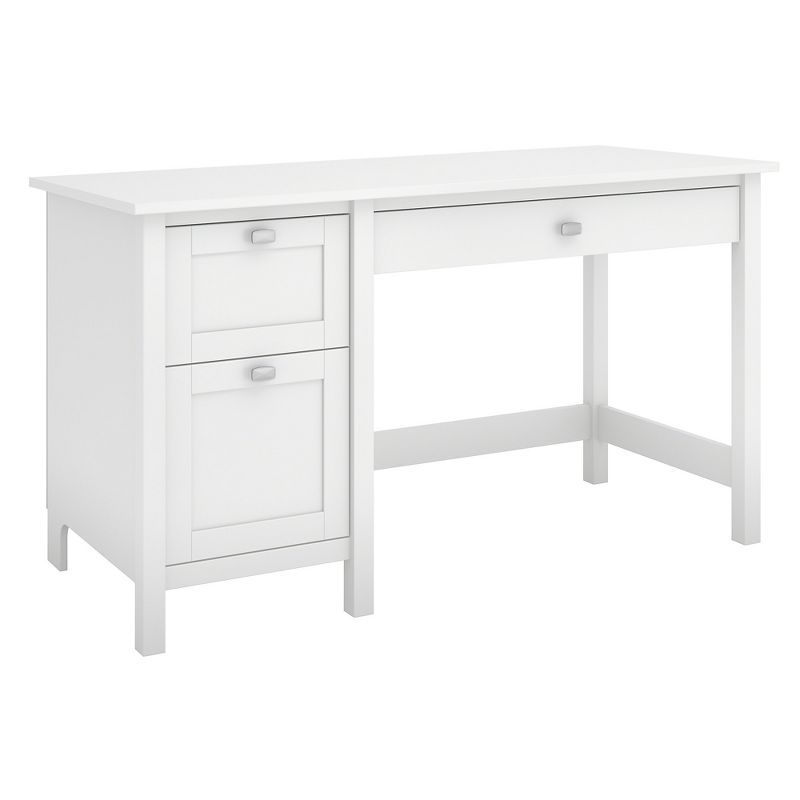 Pure White Transitional Wood Desk with Drawers and Keyboard Tray