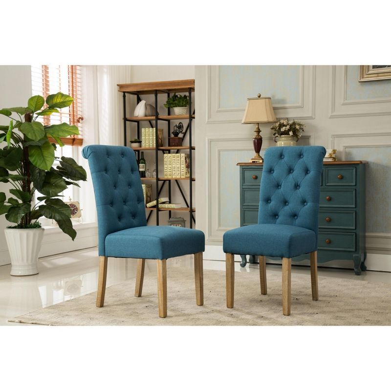 Blue Linen Tufted Parsons Dining Side Chair Set with Wood Legs