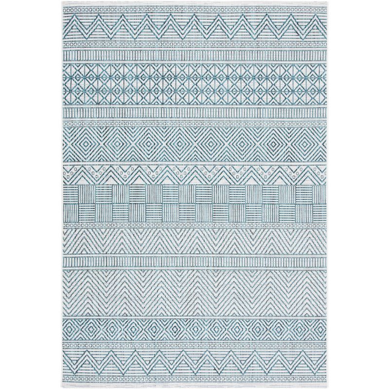 Ivory and Turquoise Rectangular Synthetic Indoor/Outdoor Rug