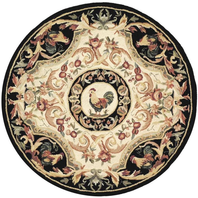 Handmade Ivory and Black Floral Wool Round Rug