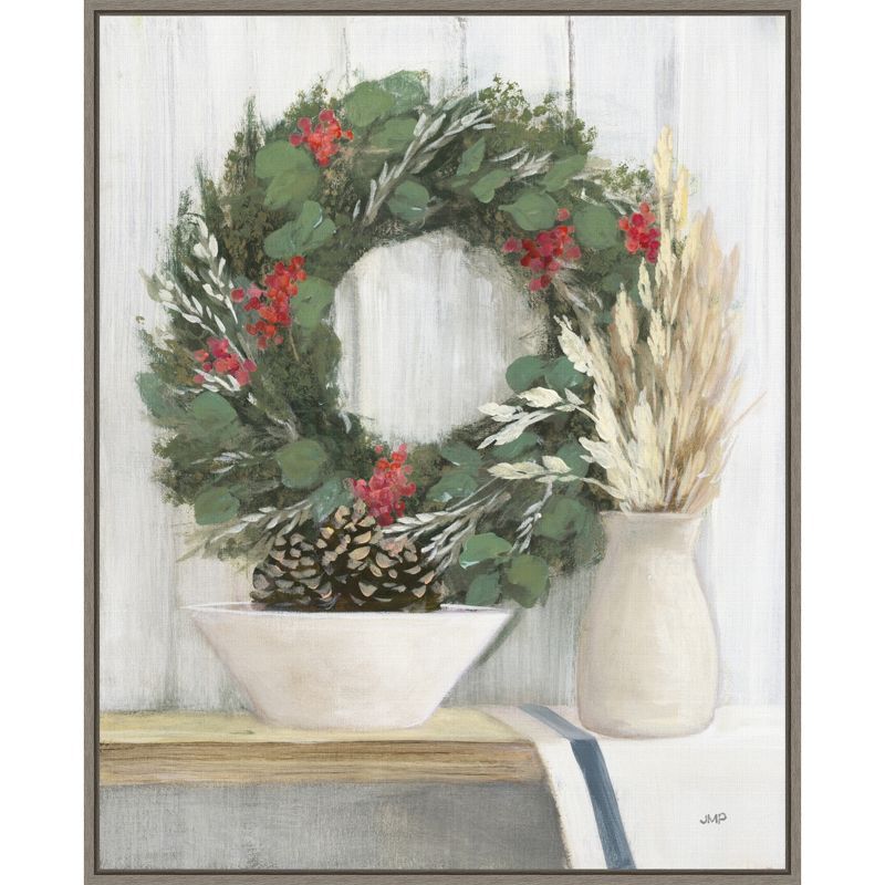 Julia Purinton Christmas Wreath and Pinecones Canvas Art Print