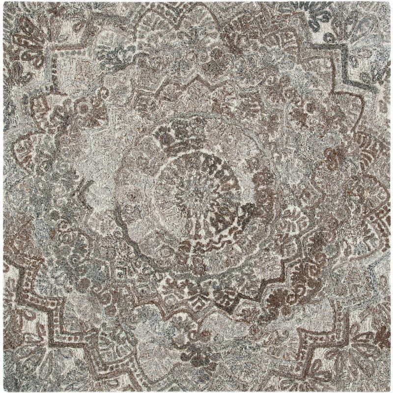 Ivory and Grey Floral Hand-Tufted Wool Square Rug