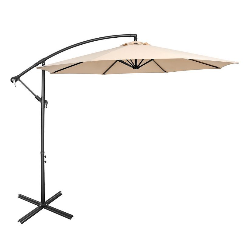 Beige 10' Iron Cantilever Patio Umbrella with Cross Base