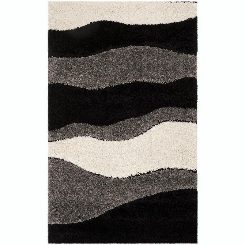 Grey and Black Geometric Waves Shag Rug 4' x 6'