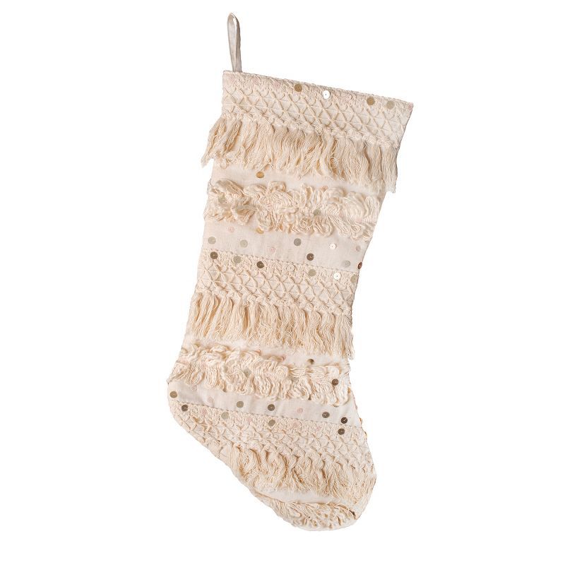 Cream Cotton Christmas Stocking with Fringe and Sequin Detail