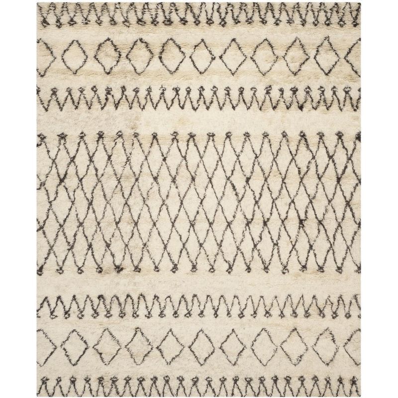 Ivory and Dark Brown Hand-Tufted Wool Shag Rug, 8' x 10'