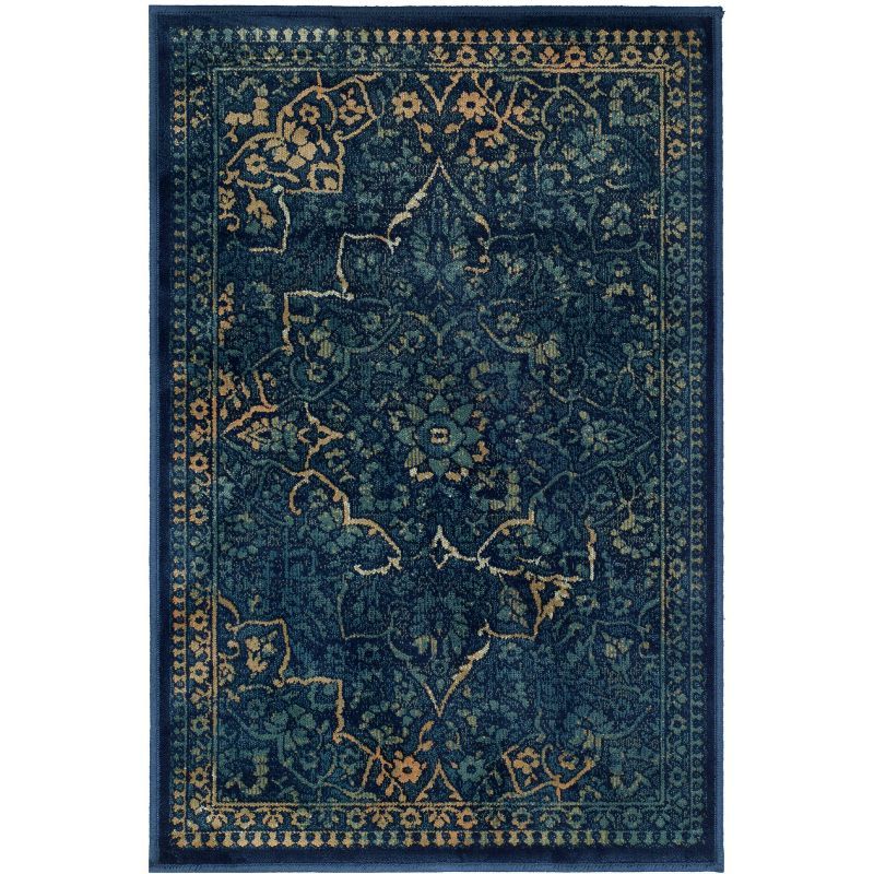 Vintage Blue and Yellow Rectangular Viscose Area Rug