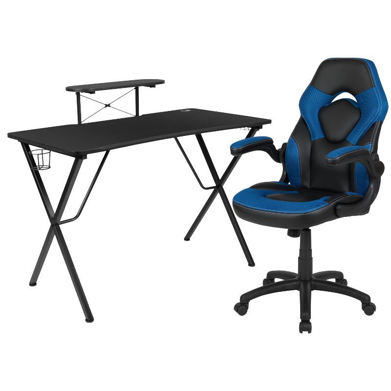 Black and Blue Adjustable Gaming Desk and Chair Set with Laminate Top