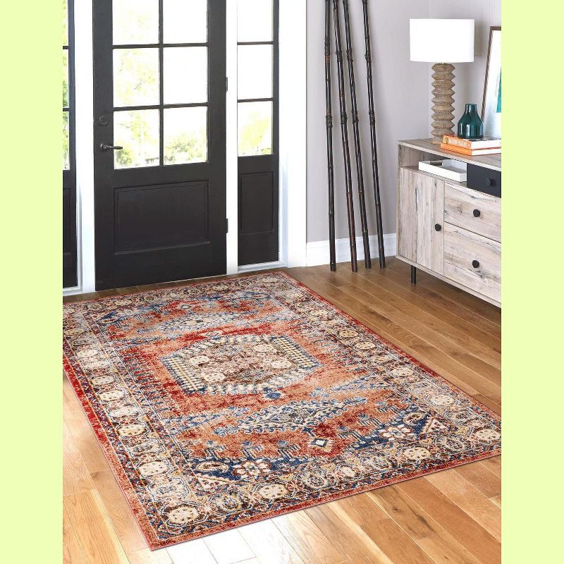 Peach and Red Abstract Stain-Resistant Synthetic Rug