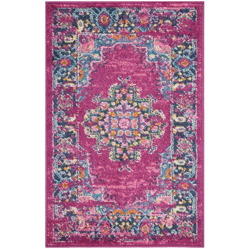 Small Fuchsia and Blue Floral Synthetic Traditional Rug