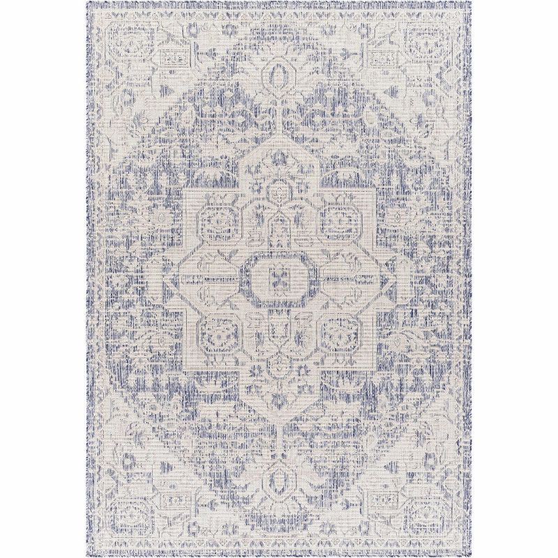 Aure Blue and Cream Polypropylene Traditional Area Rug 5'3" x 7'