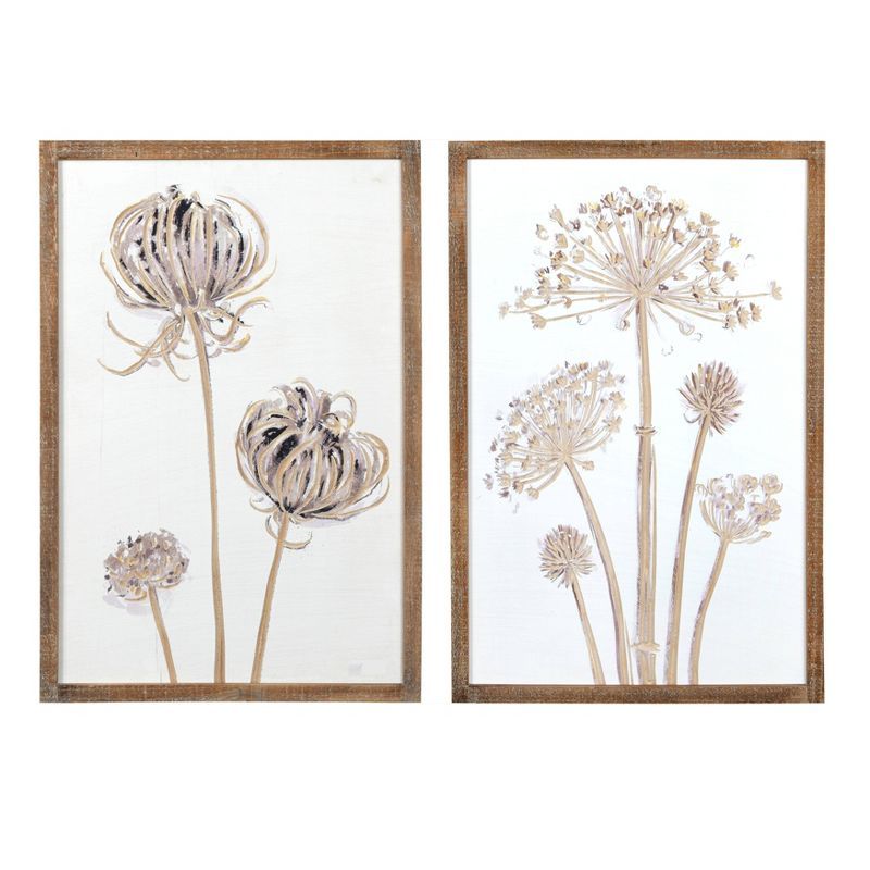 Cream Engraved Wood Flower Wall Art Set with Natural Frame