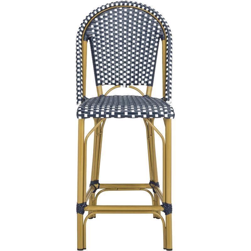 Navy and White French Bistro-Inspired Counter Stool with Wicker Accents