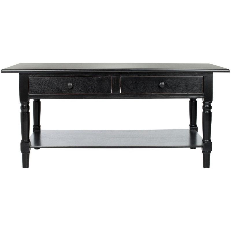 Distressed Black Pine Wood Rectangular Coffee Table with Storage