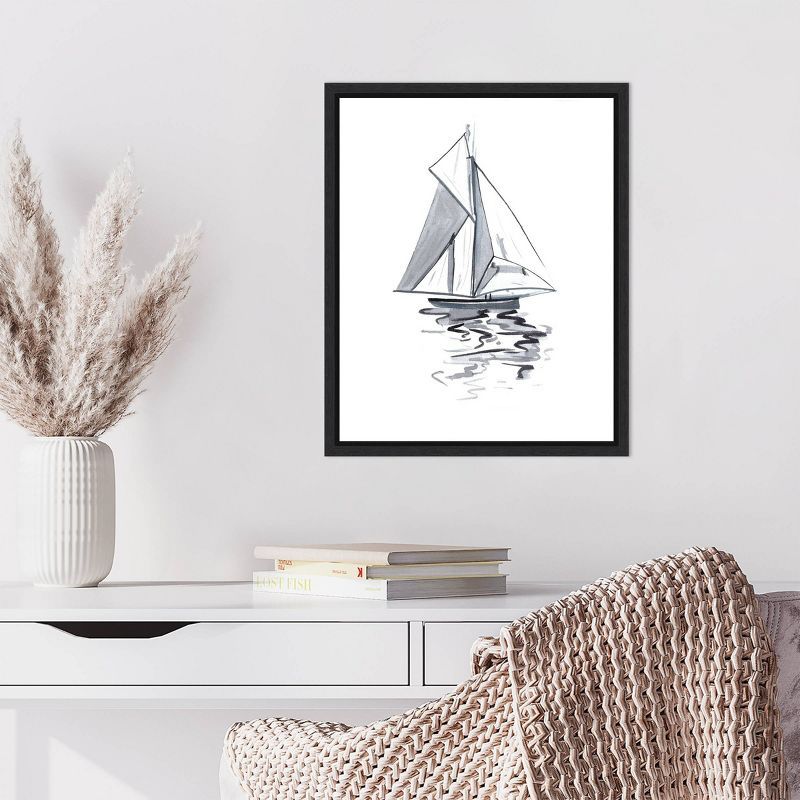 Blue Boat I Black and White Canvas Wall Art with Black Frame