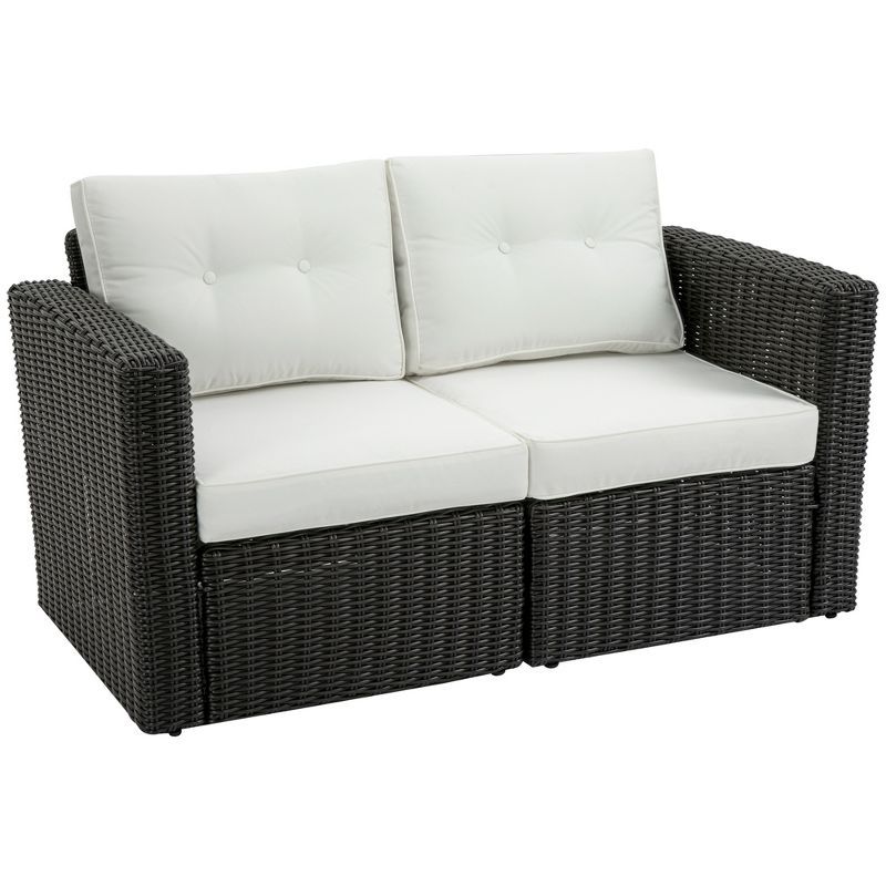 Beige Wicker Two-Seater Sectional Sofa with Cushions
