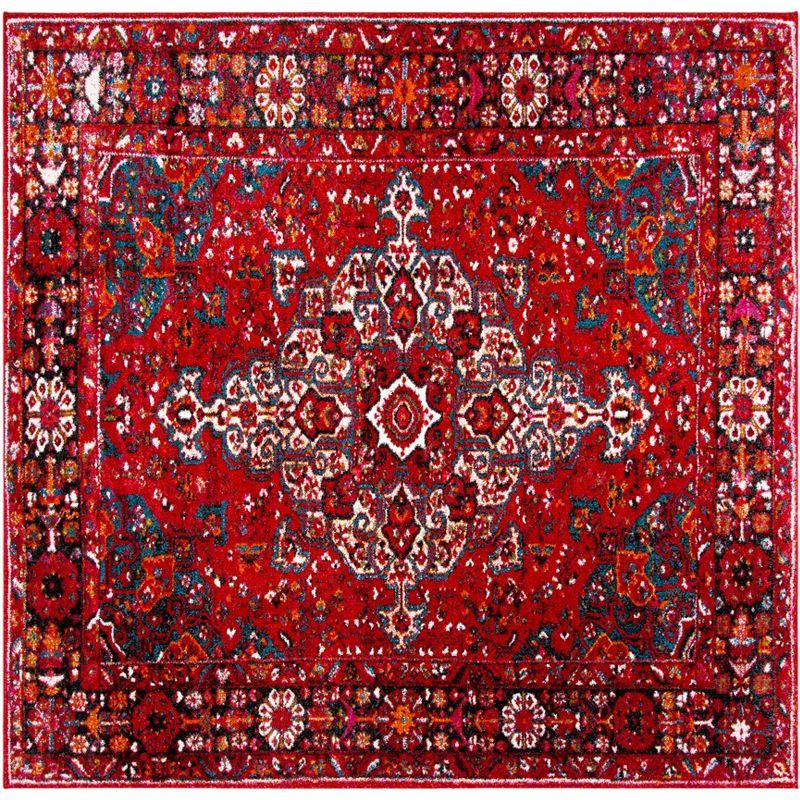 Red Floral Square Synthetic Area Rug