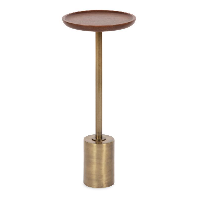 Walnut Brown and Antique Brass Round Wood and Metal Drink Table