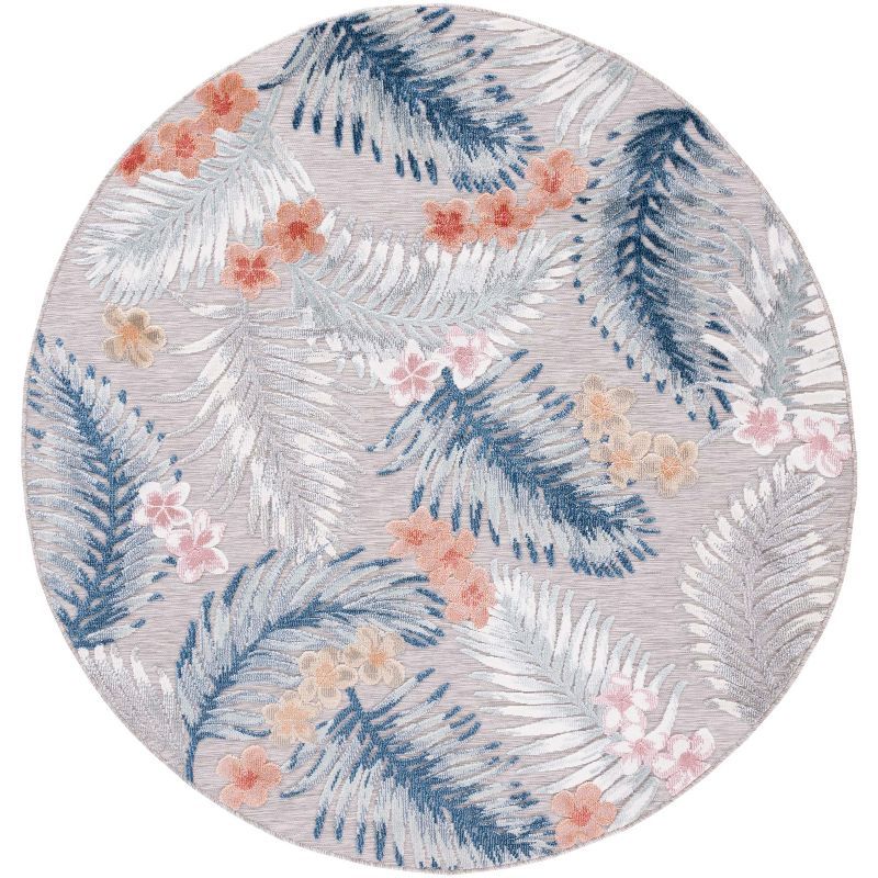 Gray and Navy Floral Round Synthetic Indoor/Outdoor Rug