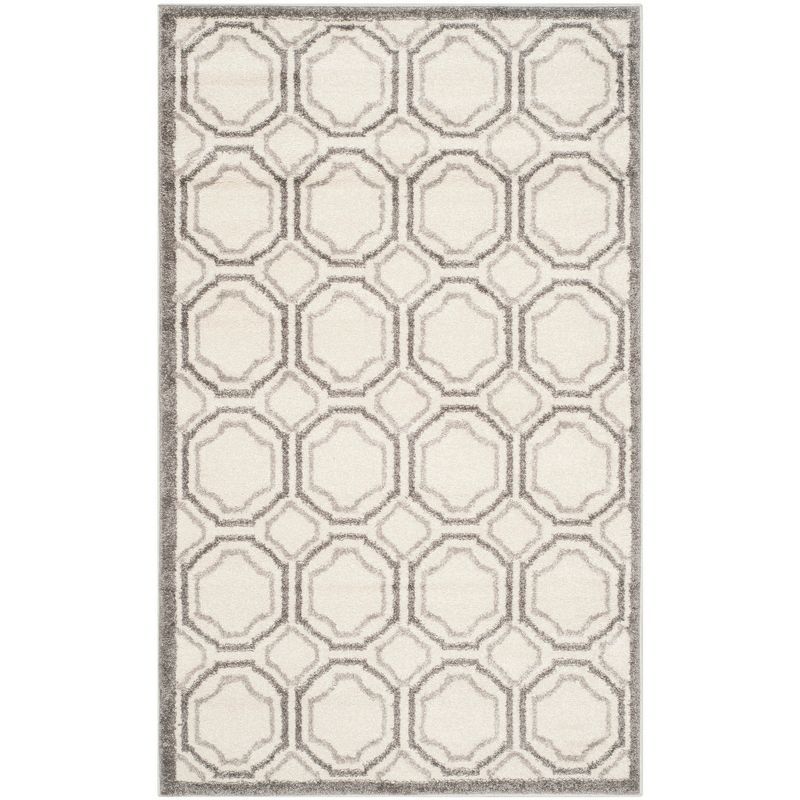 Ivory and Light Grey Geometric Synthetic Area Rug