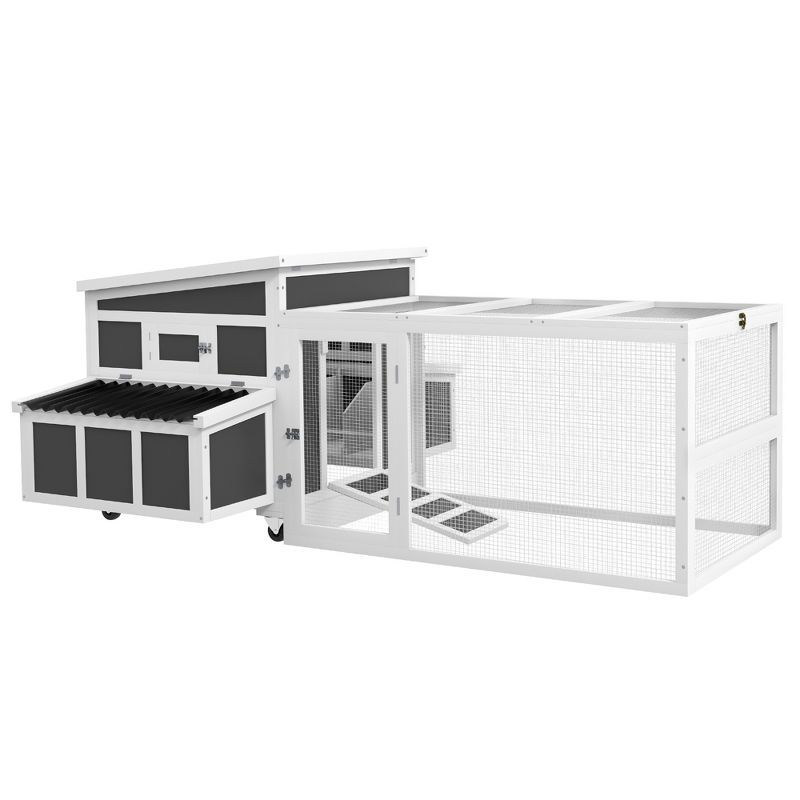 White and Gray Wooden Chicken Coop with Nesting Box and Run