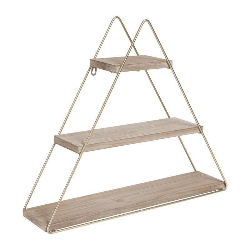 Rustic Brown and Gold Three-Tier Triangle Floating Wall Shelf