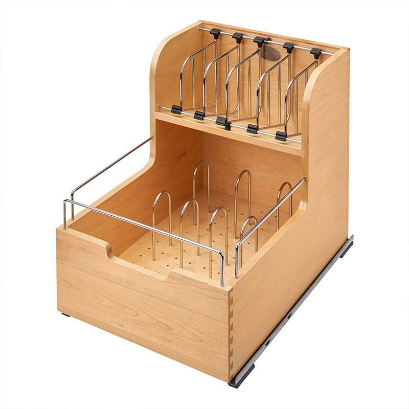 Natural Wood and Chrome Kitchen Cabinet Organizer with Soft-Close