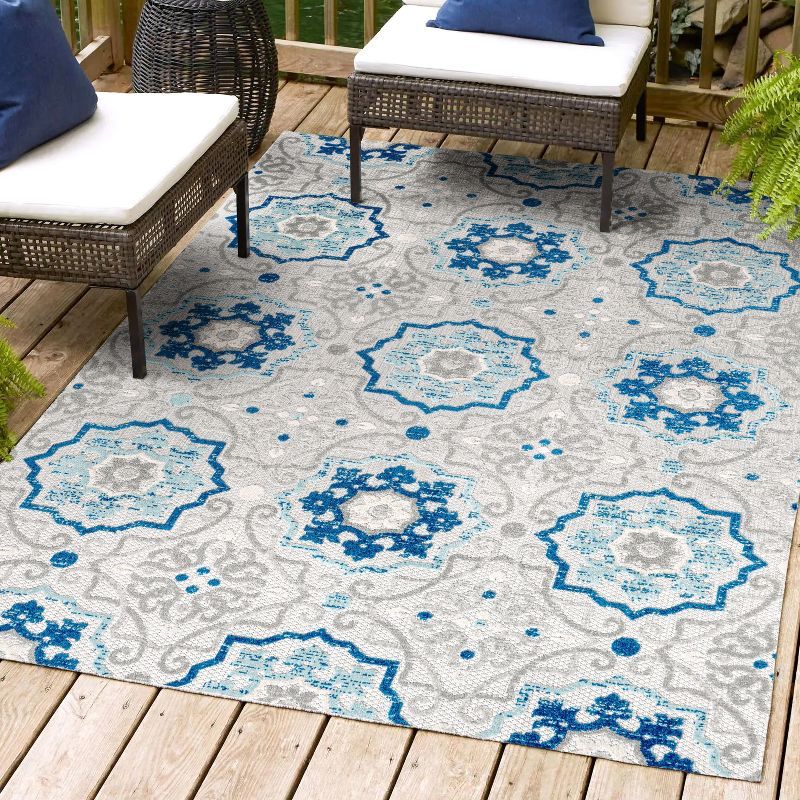 Mediterranean Medallion 9' x 12' Blue and Gray Synthetic Area Rug