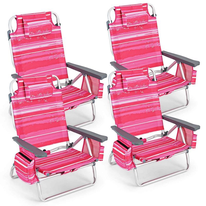 Dark Pink Aluminum Folding Camping Chairs with Arms, Set of 4