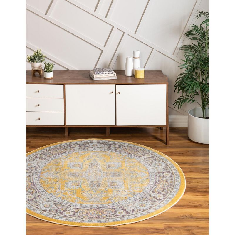 Yellow and Ivory Round Stain-Resistant Area Rug