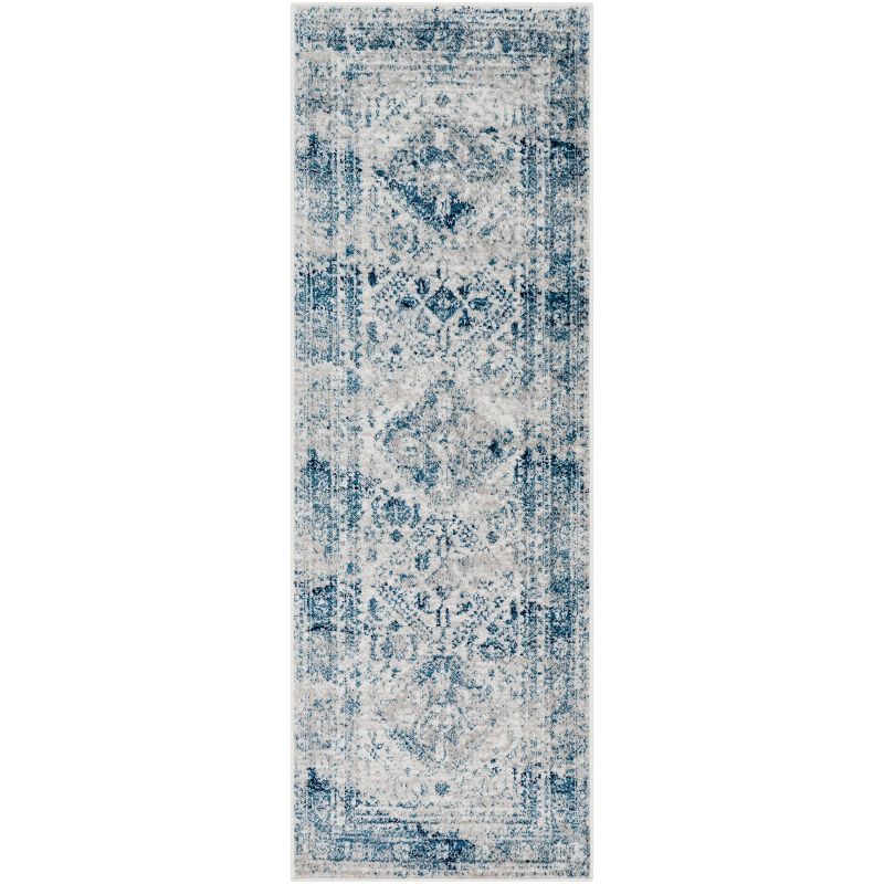 Blue and White Synthetic Vintage Runner Rug, 2'7" x 7'3"