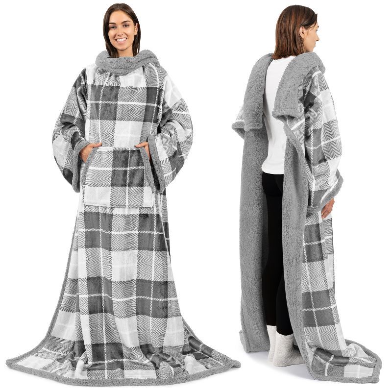 Plaid Light Gray Sherpa Fleece Wearable Blanket with Sleeves