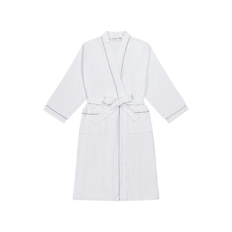 White Cotton Waffle-Textured Hotel Robe with Grey Piping