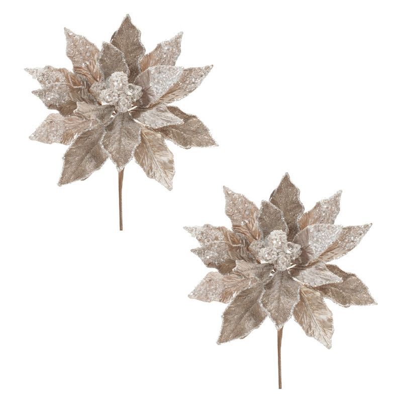 Champagne Silver Faux Velvet Poinsettia Stems Set of 2