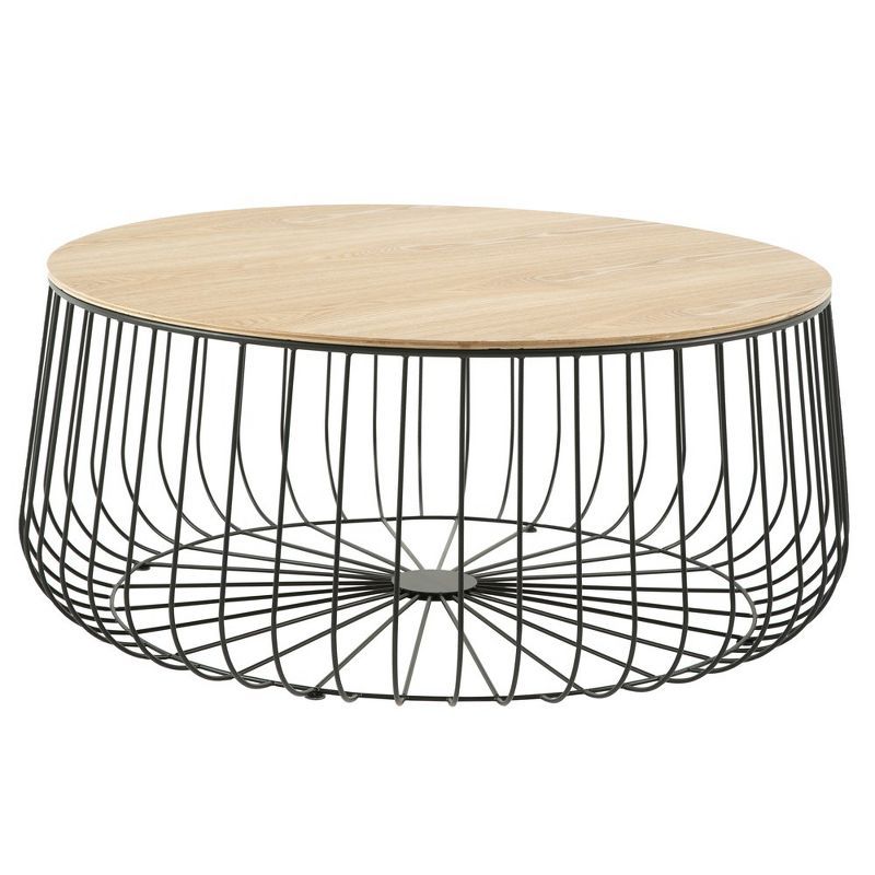 Natural Wood Round Coffee Table with Black Metal Wire Base