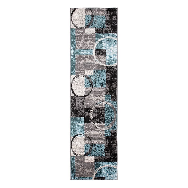 Gray and Teal Abstract Geometric Runner Rug 2'7" x 10'