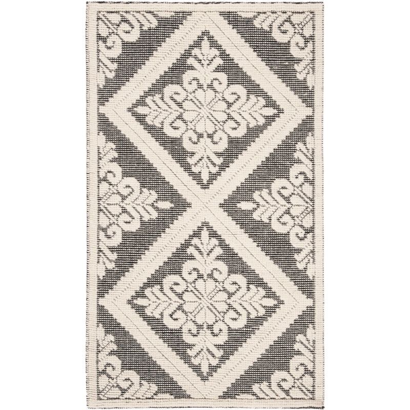 Ivory and Black Hand-Knotted Wool Rectangular Rug