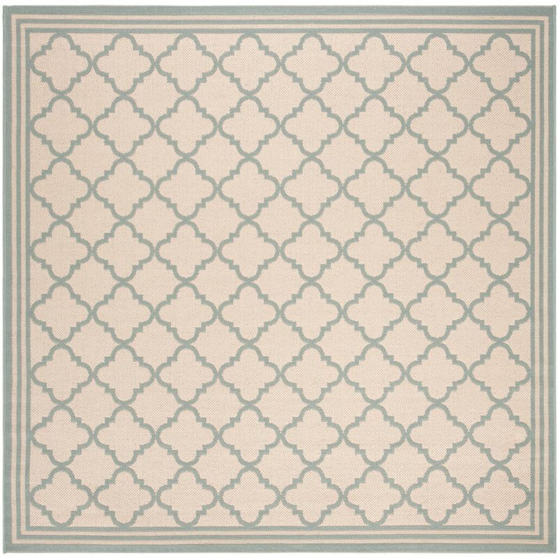 Aqua and Cream Geometric Square Indoor/Outdoor Rug