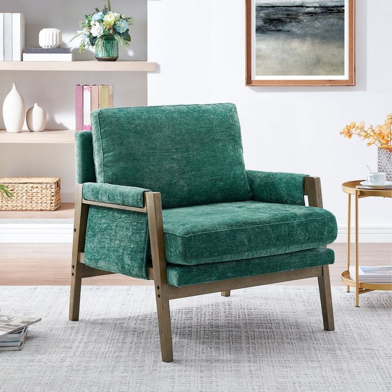 Mid-Century Modern Green Velvet and Wood Barrel Accent Chair