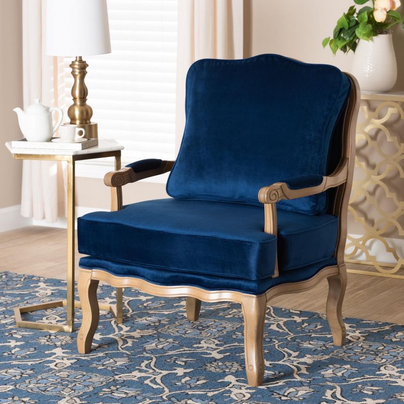 Navy Blue Velvet and Oak Wood Traditional Accent Chair