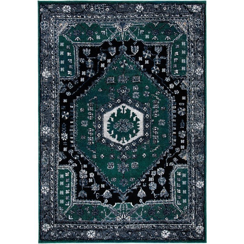 Vintage Green and Black Hand-knotted Synthetic Area Rug