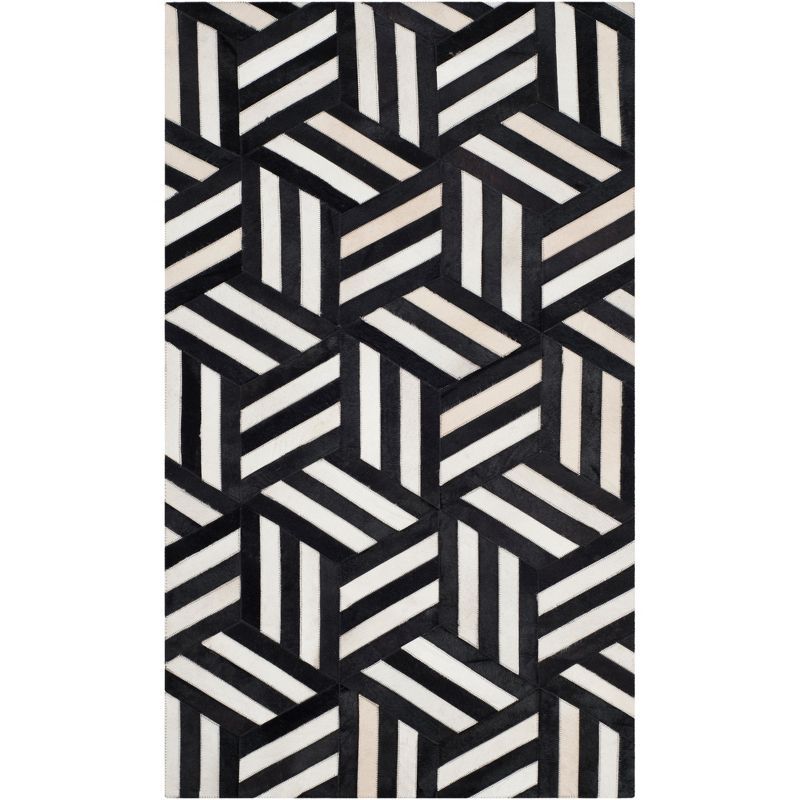 Hand-Knotted Black and Ivory Geometric Wool Runner Rug