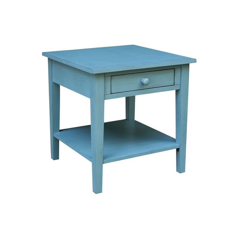 Antique Rubbed Ocean Blue Solid Wood End Table with Storage