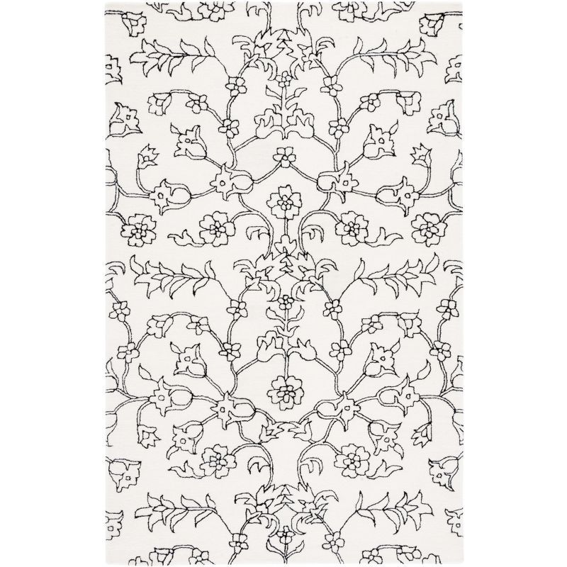 Ivory and Black Floral Tufted Handmade Wool Rug