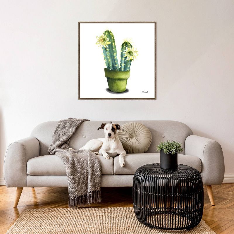 Cactus Flowers II Green and Yellow Canvas Print with Bronze Frame