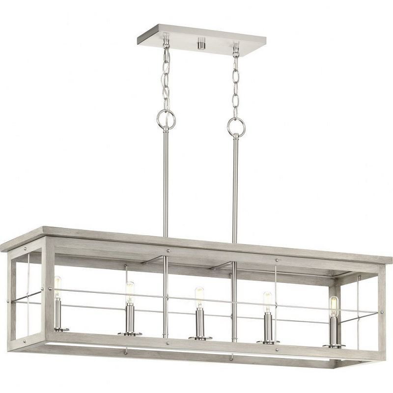 Hedgerow Brushed Nickel and Grey Washed Oak 5-Light Linear Chandelier