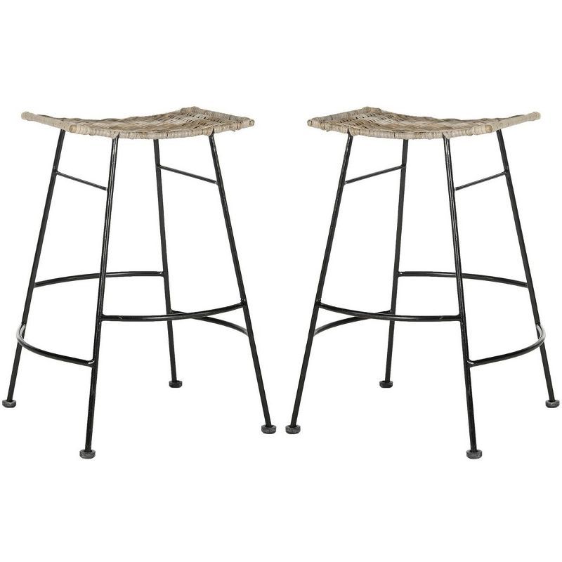 Gray Rattan and Metal Backless Counter Stools, Set of 2