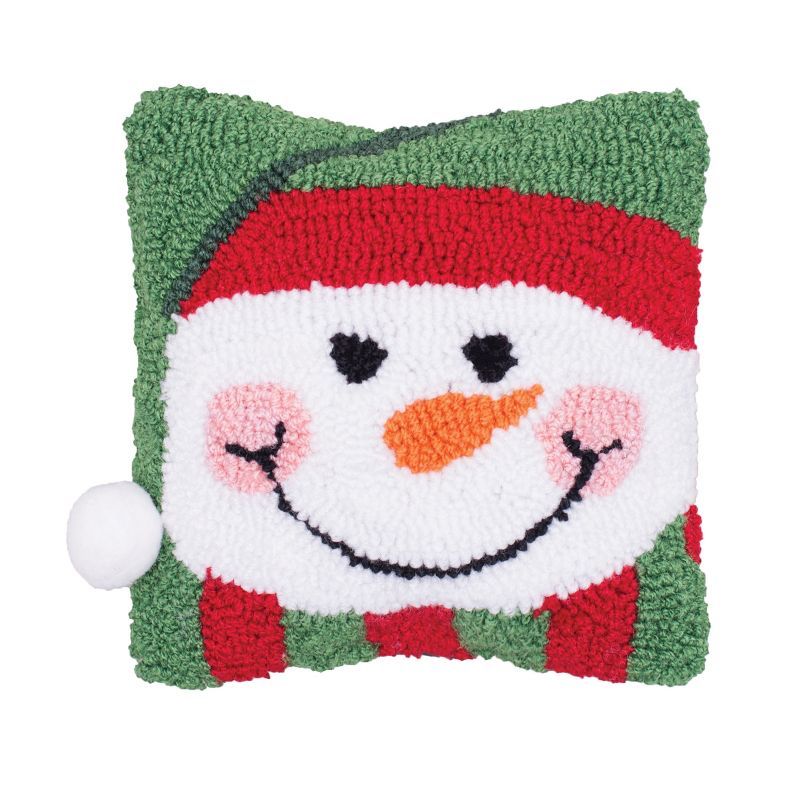 Happy Snowman Red and Green Hooked Holiday Pillow