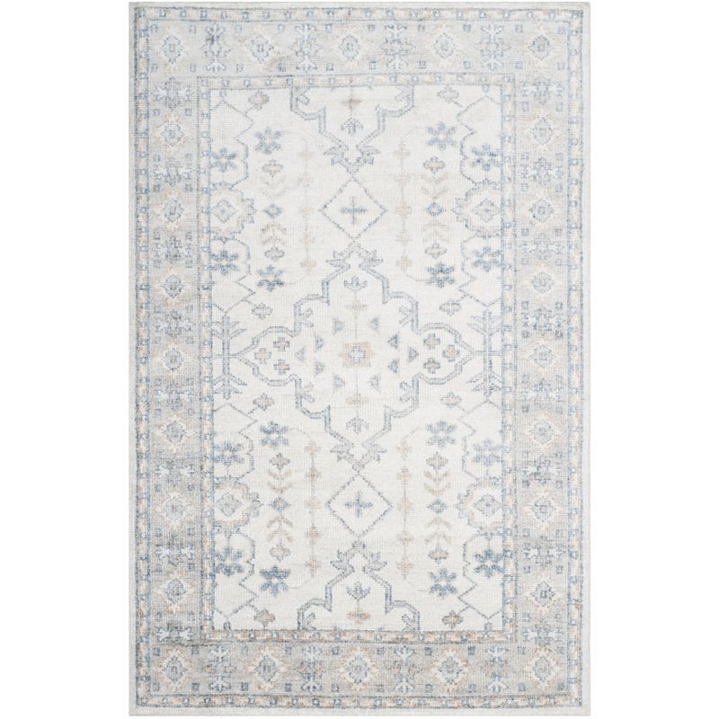 Hand-Knotted Ivory Wool and Silk Rectangular Area Rug 5x8